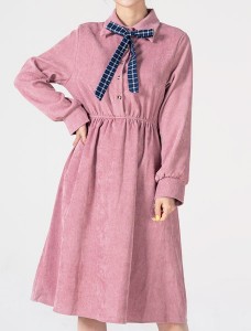 BBT 8807 여자체크끈리본포인트긴팔원피스