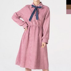 BBT 8807 여자체크끈리본포인트긴팔원피스